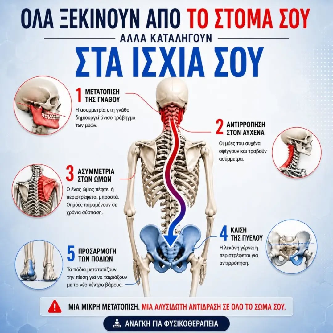 🦷 Μπορεί το πρόβλημα να ξεκινά από το στόμα και να καταλήγει... στα ισχία;

Μια μικρή ασυμμετρία στη γνάθο μπορεί να δημιουργήσει μια αλυσιδωτή αντίδραση σε ολόκληρο το σώμα.

➡️ Οι μύες του αυχένα υπερφορτώνονται.
➡️ Οι ώμοι χάνουν τη σωστή τους θέση.
➡️ Η λεκάνη γέρνει για να αντισταθμίσει την ανισορροπία.
➡️ Τα πόδια αλλάζουν τον τρόπο που στηρίζουν το σώμα.

Το αποτέλεσμα μπορεί να είναι:
✔ Πόνος στον αυχένα
✔ Πόνος στους ώμους
✔ Οσφυαλγία
✔ Πόνος στα ισχία και στα γόνατα
✔ Μειωμένη ισορροπία και κακή στάση σώματος

Το σώμα λειτουργεί ως μία ενιαία κινητική αλυσίδα. Όταν μία περιοχή χάνει την ισορροπία της, ολόκληρο το σώμα προσπαθεί να προσαρμοστεί.

Η έγκαιρη αξιολόγηση και η σωστά σχεδιασμένη θεραπευτική άσκηση μπορούν να αποκαταστήσουν τη σωστή ευθυγράμμιση, να μειώσουν τον πόνο και να βελτιώσουν τη λειτουργικότητα.

📍 Μην αντιμετωπίζεις μόνο το σημείο που πονάει. Αναζήτησε την πραγματική αιτία του προβλήματος.